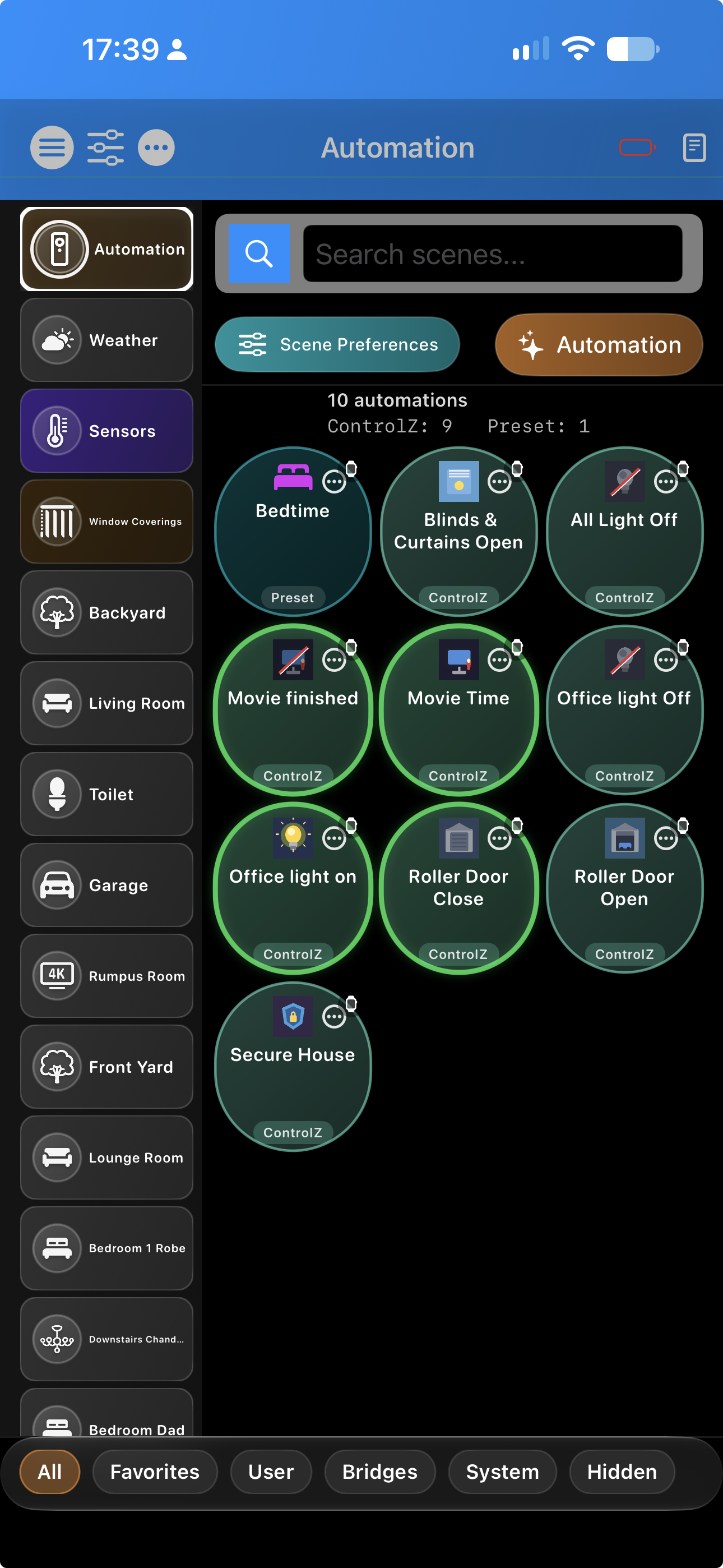 ControlZ Automations grid with Movie Time, Secure House, roller doors, and Scene Preferences