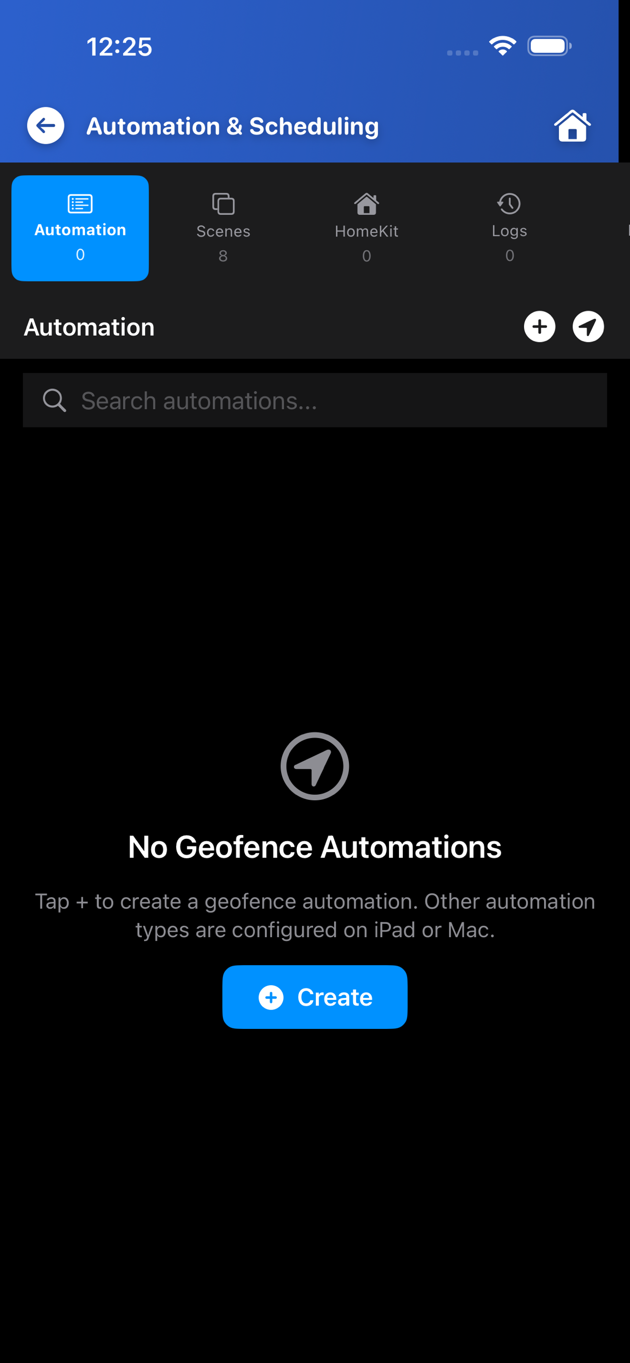 ControlZ Automation and Scheduling on iPhone showing geofence Automations tab and Scenes count
