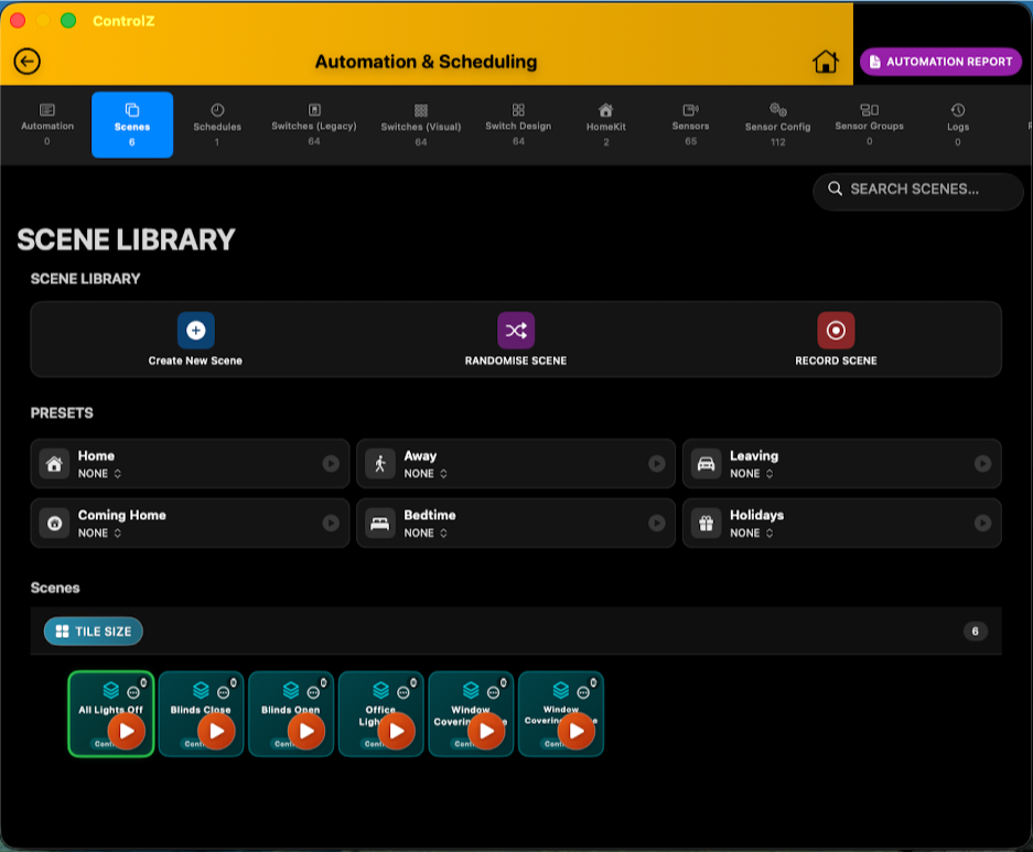ControlZ automation view with time schedules sidebar and evening dim rules