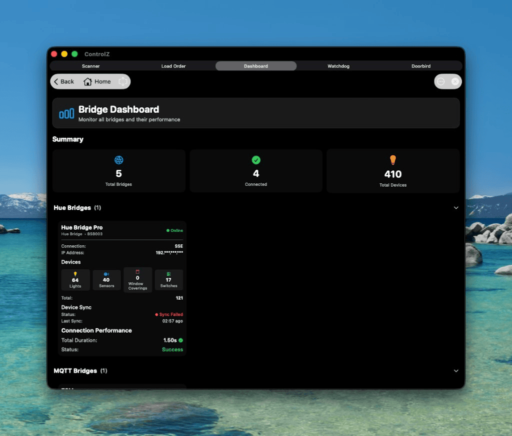 ControlZ bridge-specific dashboard with rooms and device tiles