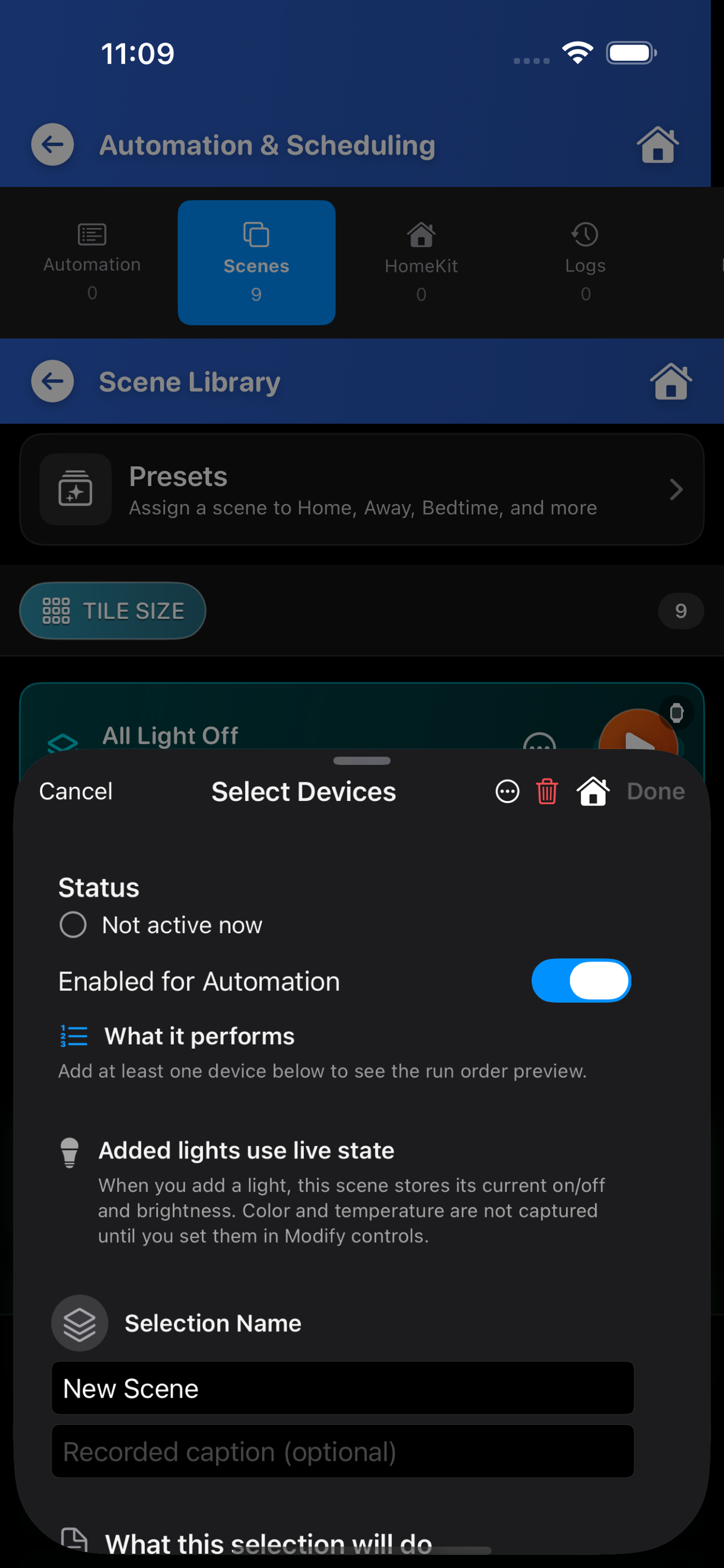 ControlZ Create Scene Select Devices sheet with Enabled for Automation toggle over Scene Library