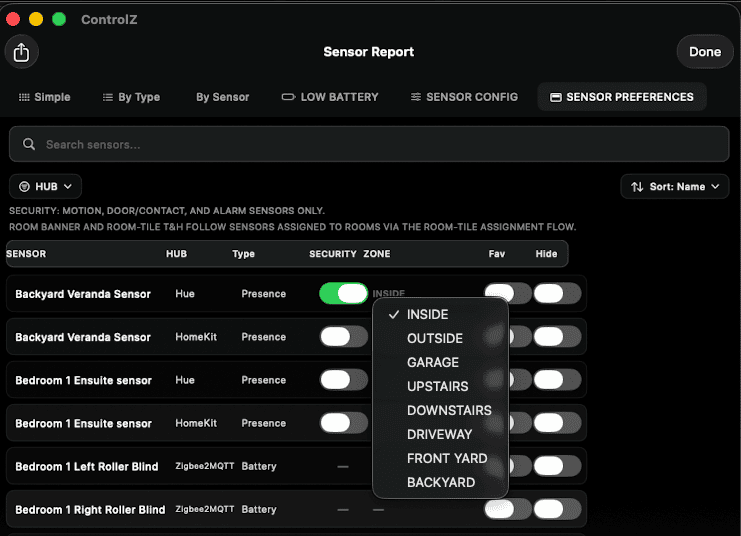 ControlZ Sensor Report Sensor Preferences with zone assignment dropdown