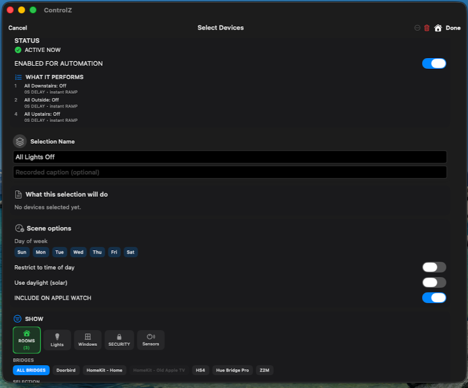 ControlZ scenes list including Movie night, Good morning, and Away with Run actions