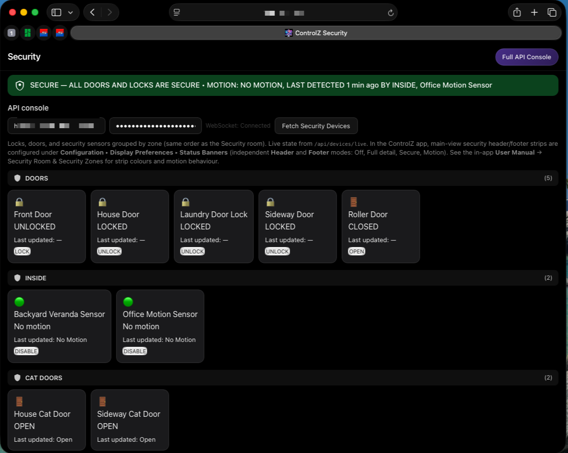 Browser window showing ControlZ local server URL and API endpoints table