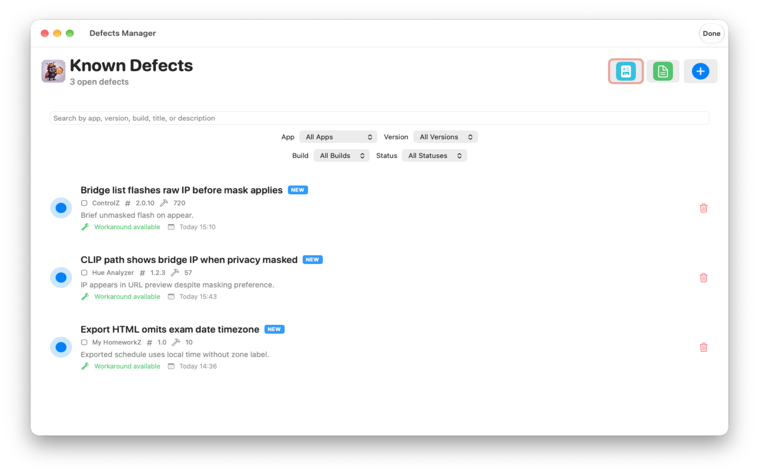 Defects Manager catalogue list of known defects with status badges