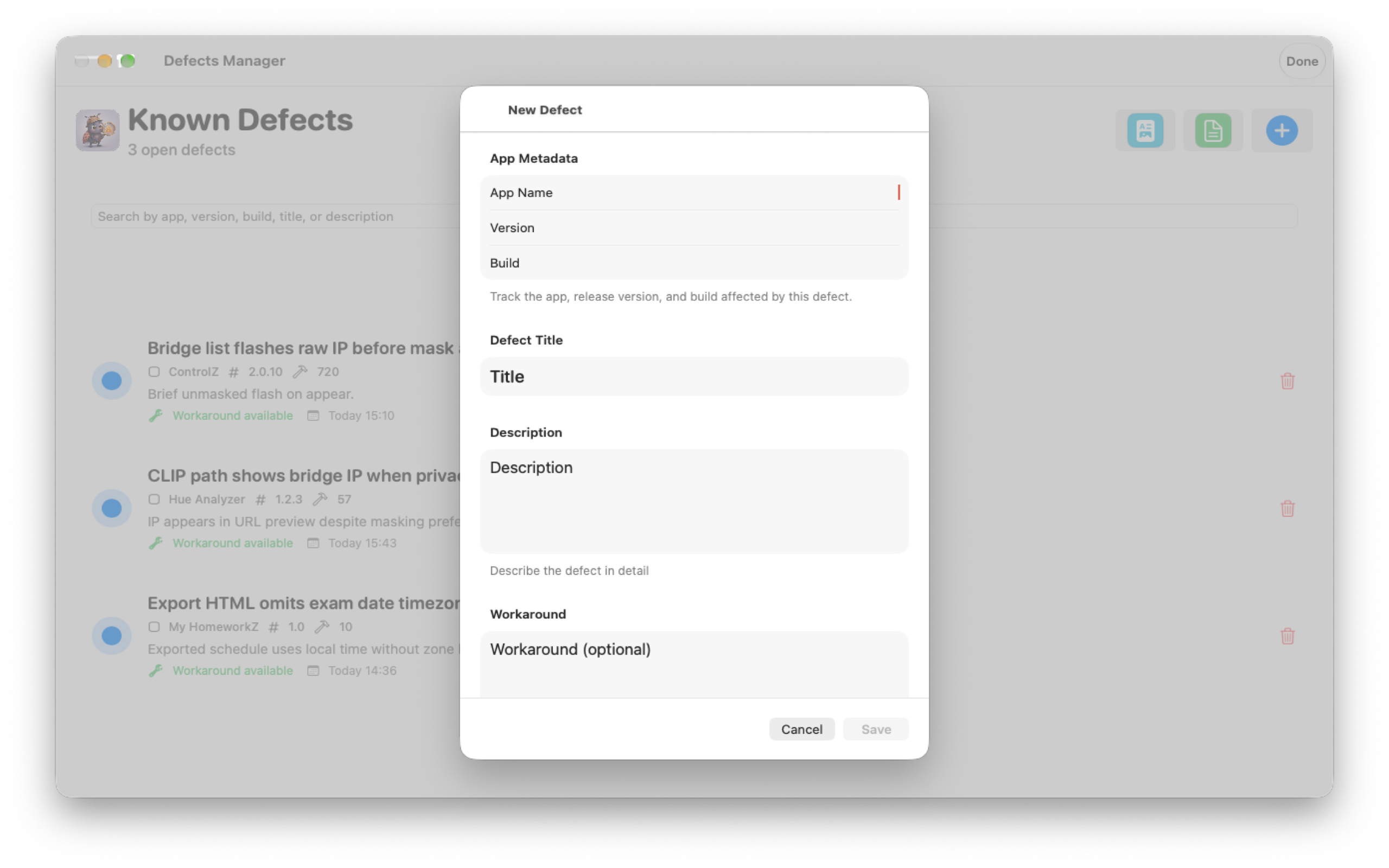 Defects Manager new defect sheet over the known defects list