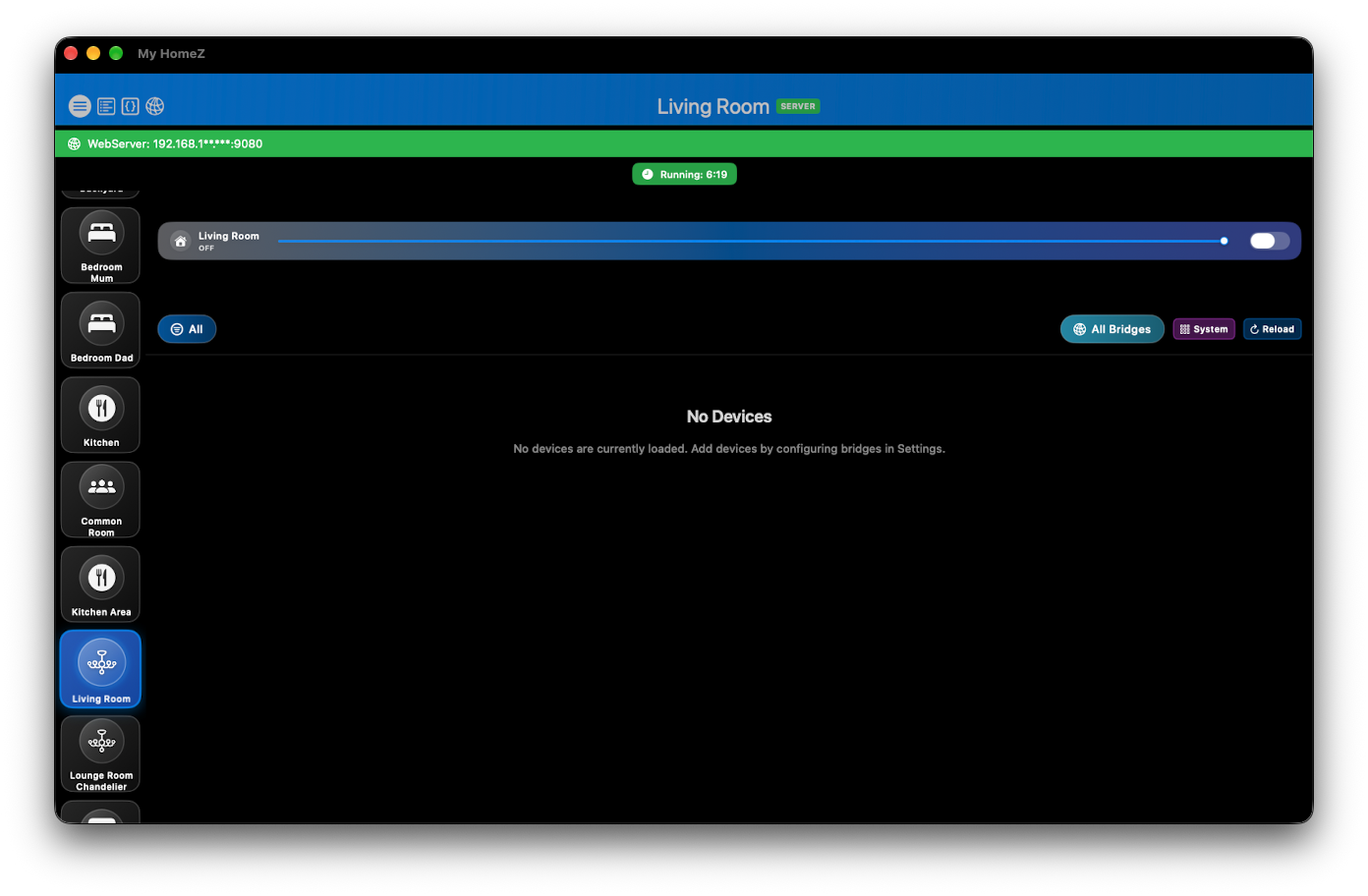 My HomeZ Living Room view with room toggle and masked WebServer banner