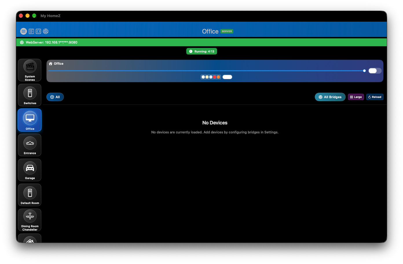My HomeZ Office room controls with brightness slider and colour presets