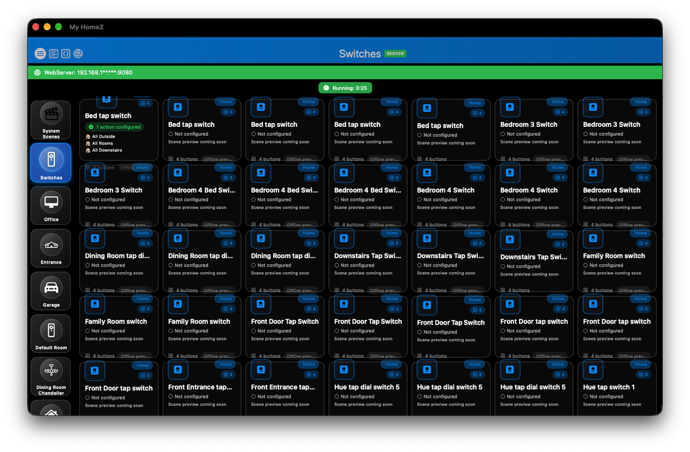 My HomeZ Switches grid with remotes and configured actions