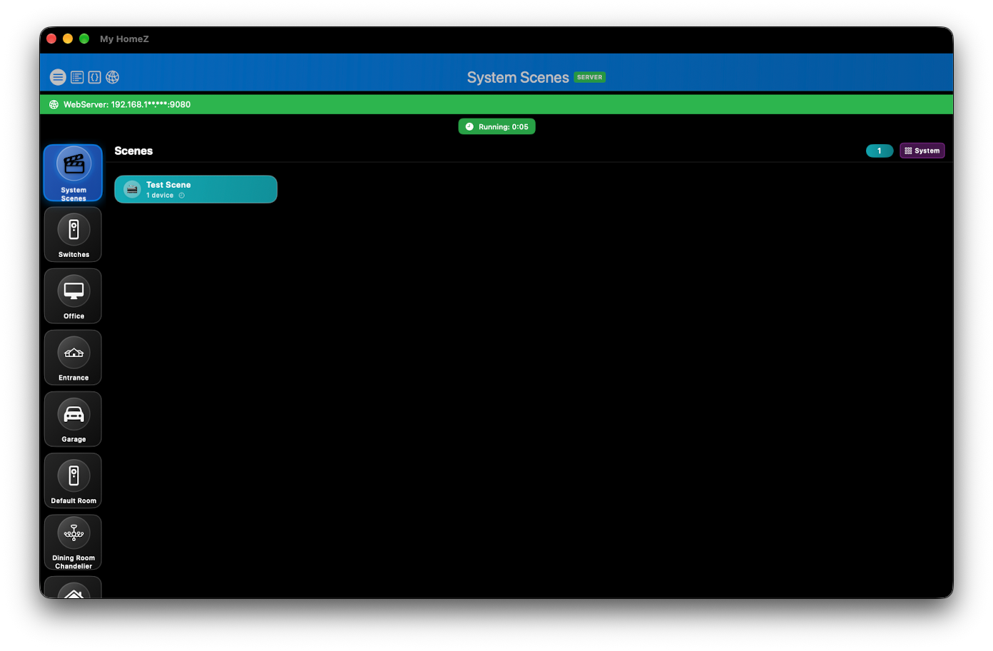 My HomeZ System Scenes with Test Scene and masked WebServer banner