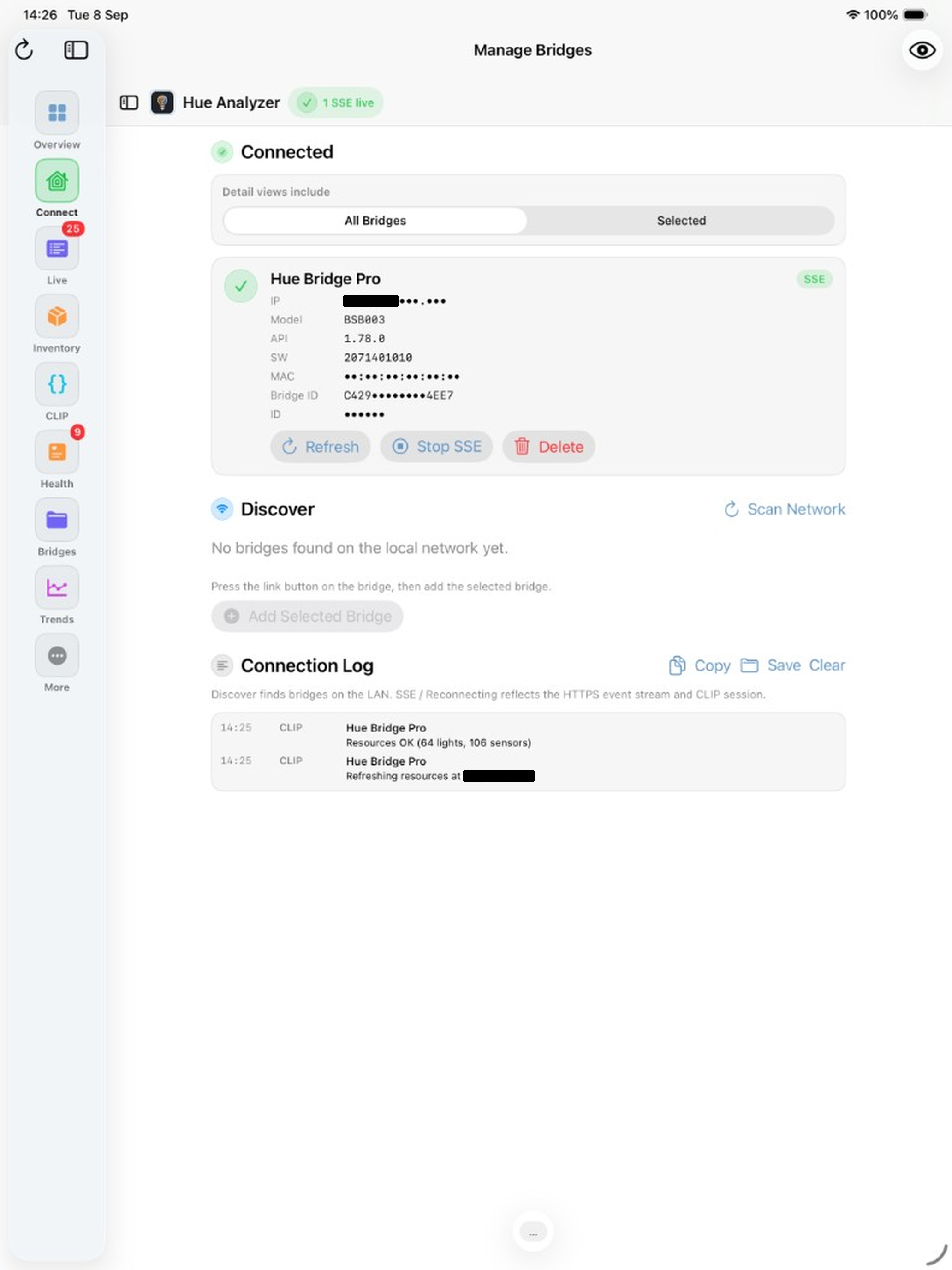 Hue Analyzer Manage Bridges with connected Hue Bridge Pro, masked credentials, and connection log