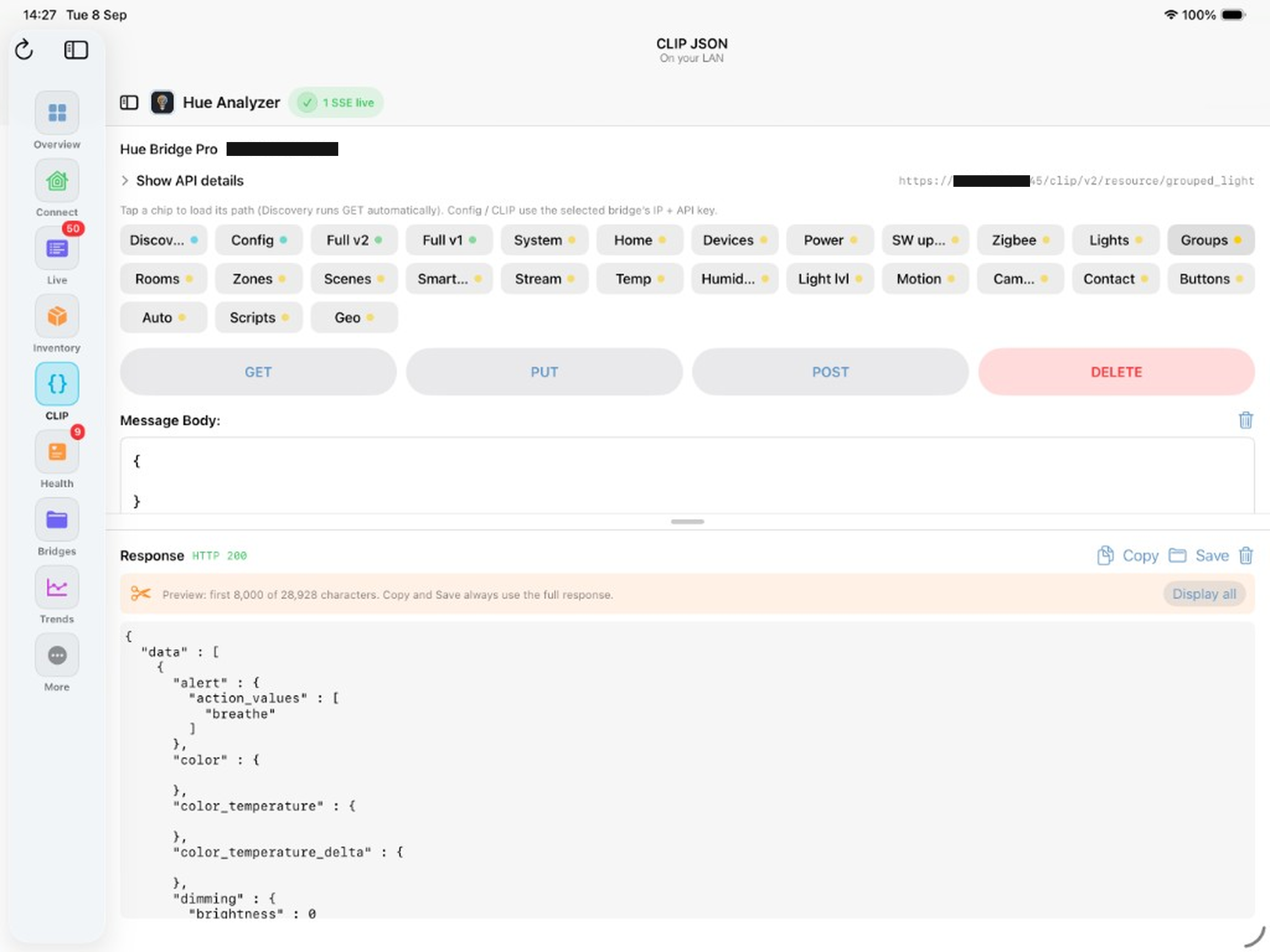 Hue Analyzer CLIP JSON tools with typed endpoint chips and HTTP GET PUT POST DELETE