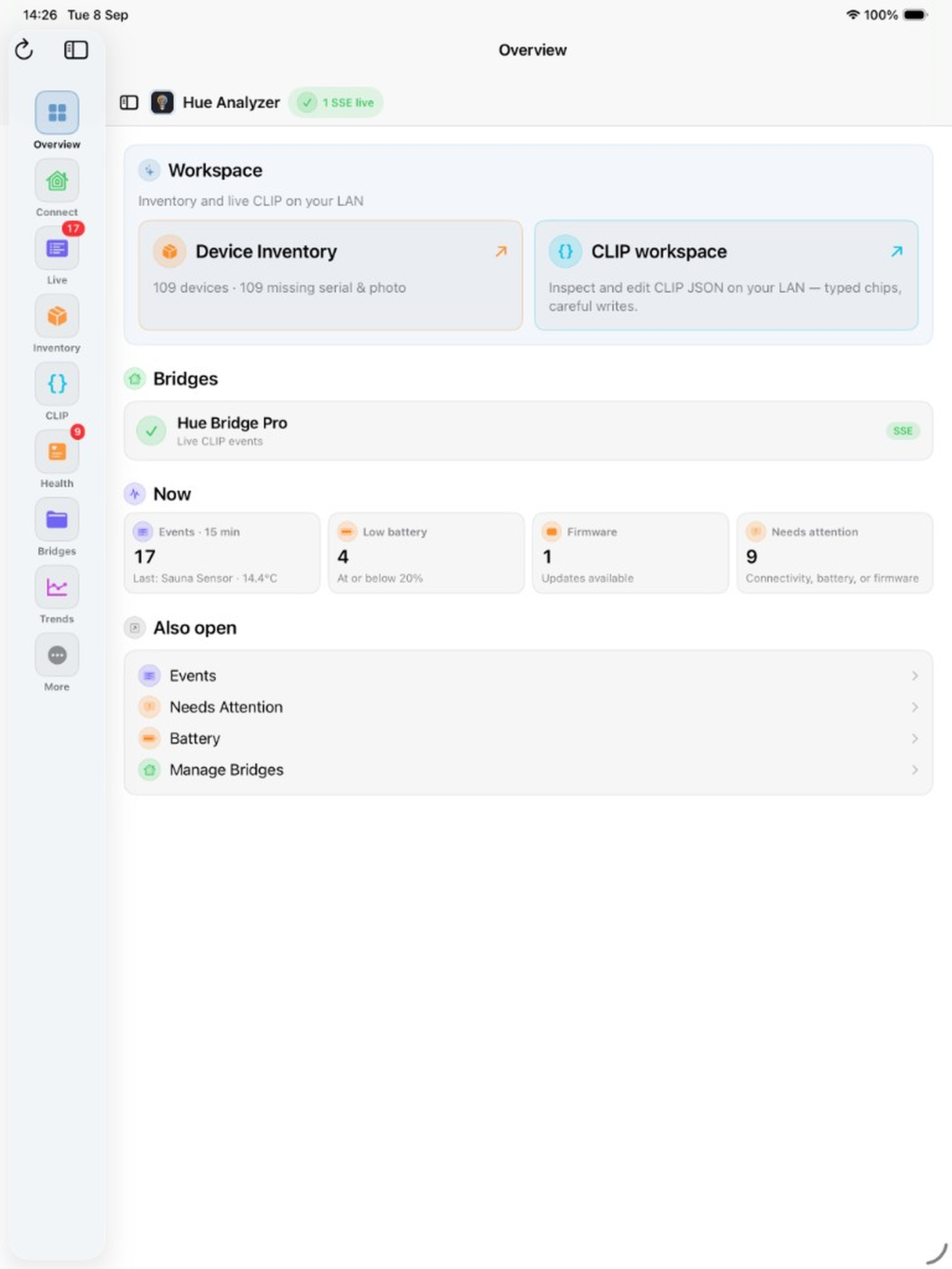 Hue Analyzer Overview with SSE health, bridges, recent events, and low-battery alerts