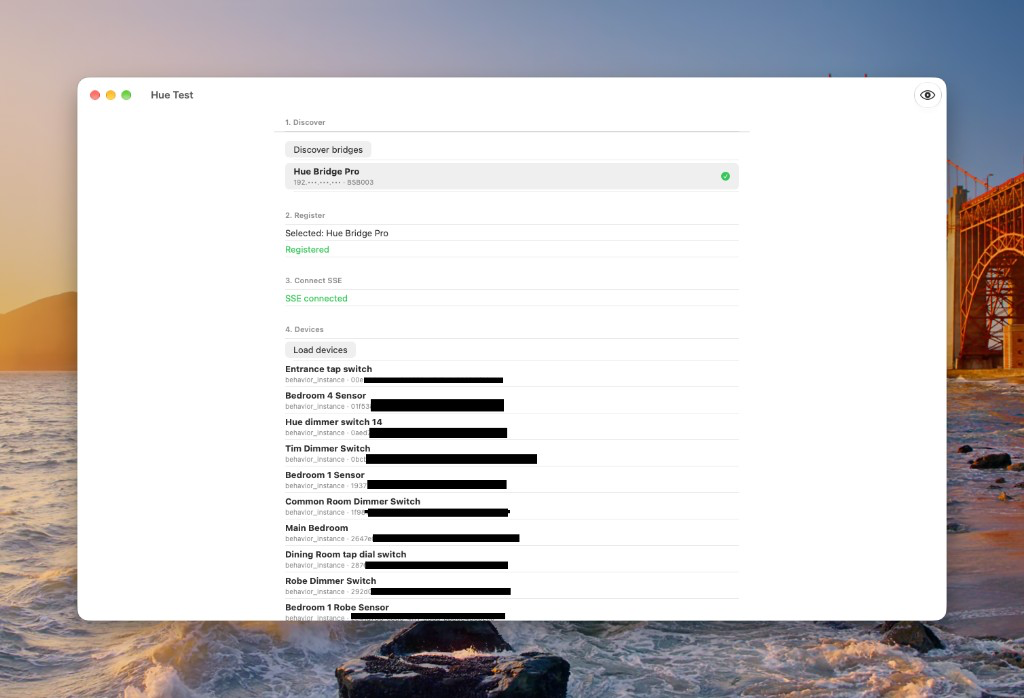 Hue Test App devices list after Load devices with identifiers redacted