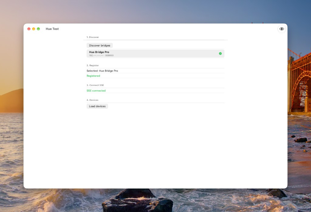 Hue Test App with SSE connected and Load devices ready