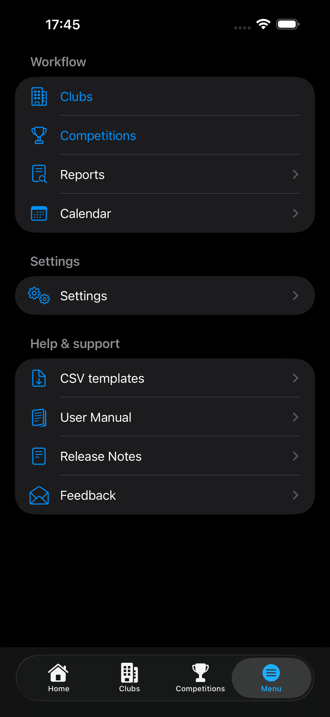 My Competitors Menu with Clubs, Competitions, Reports, Calendar, Settings, and Help entries