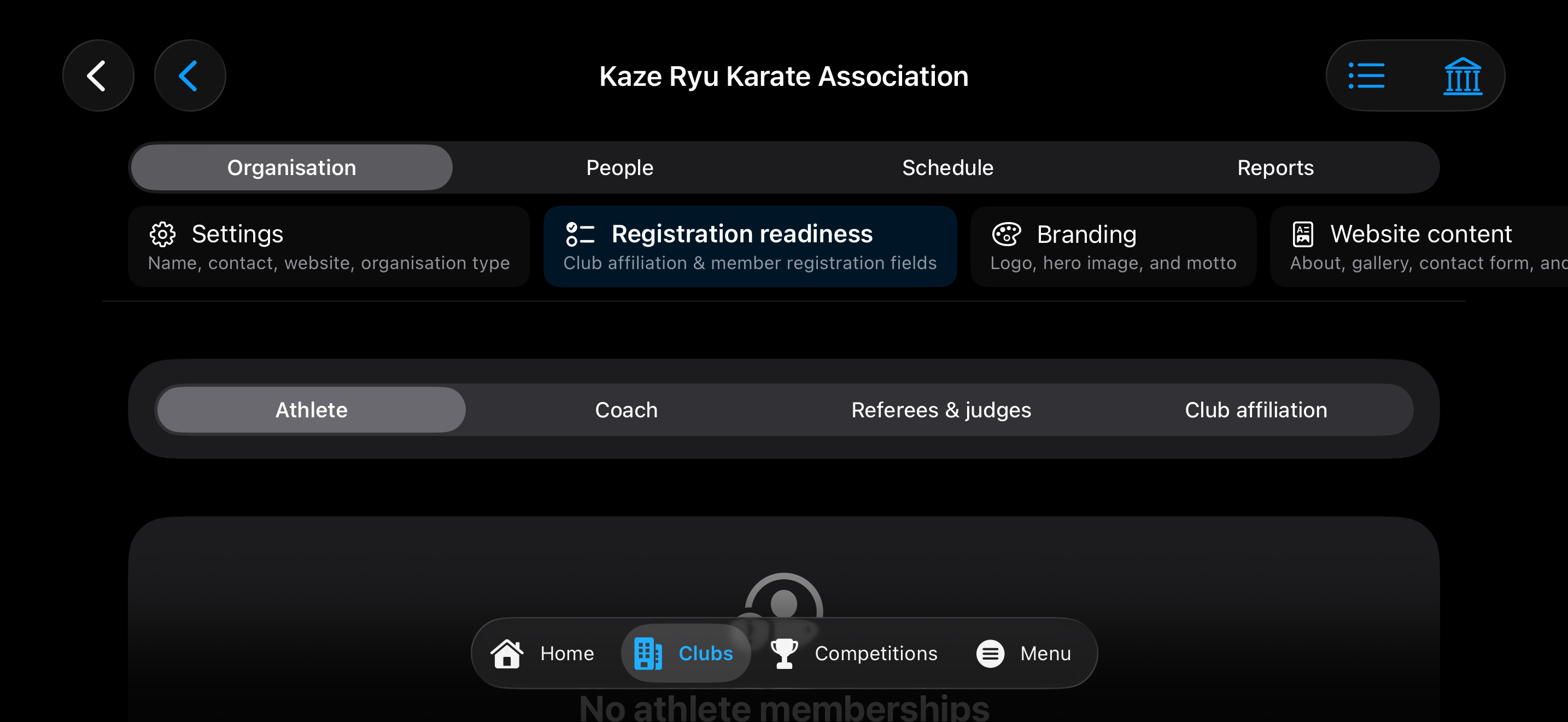 My Competitors organisation hub with Organisation, People, Schedule, and Reports for Kaze Ryu Karate Association