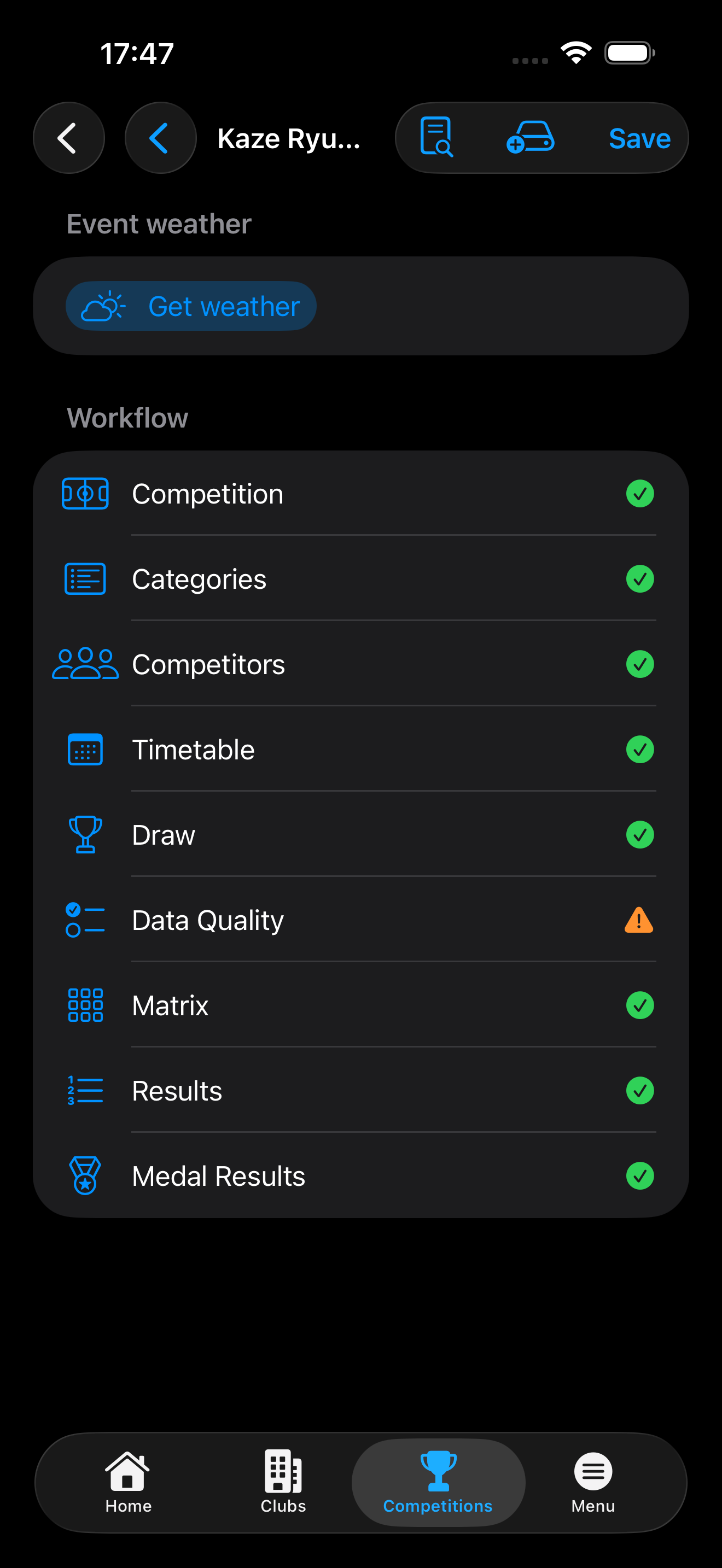 My Competitors competition workflow with phases for Competition, Categories, Competitors, Timetable, Draw, and Results