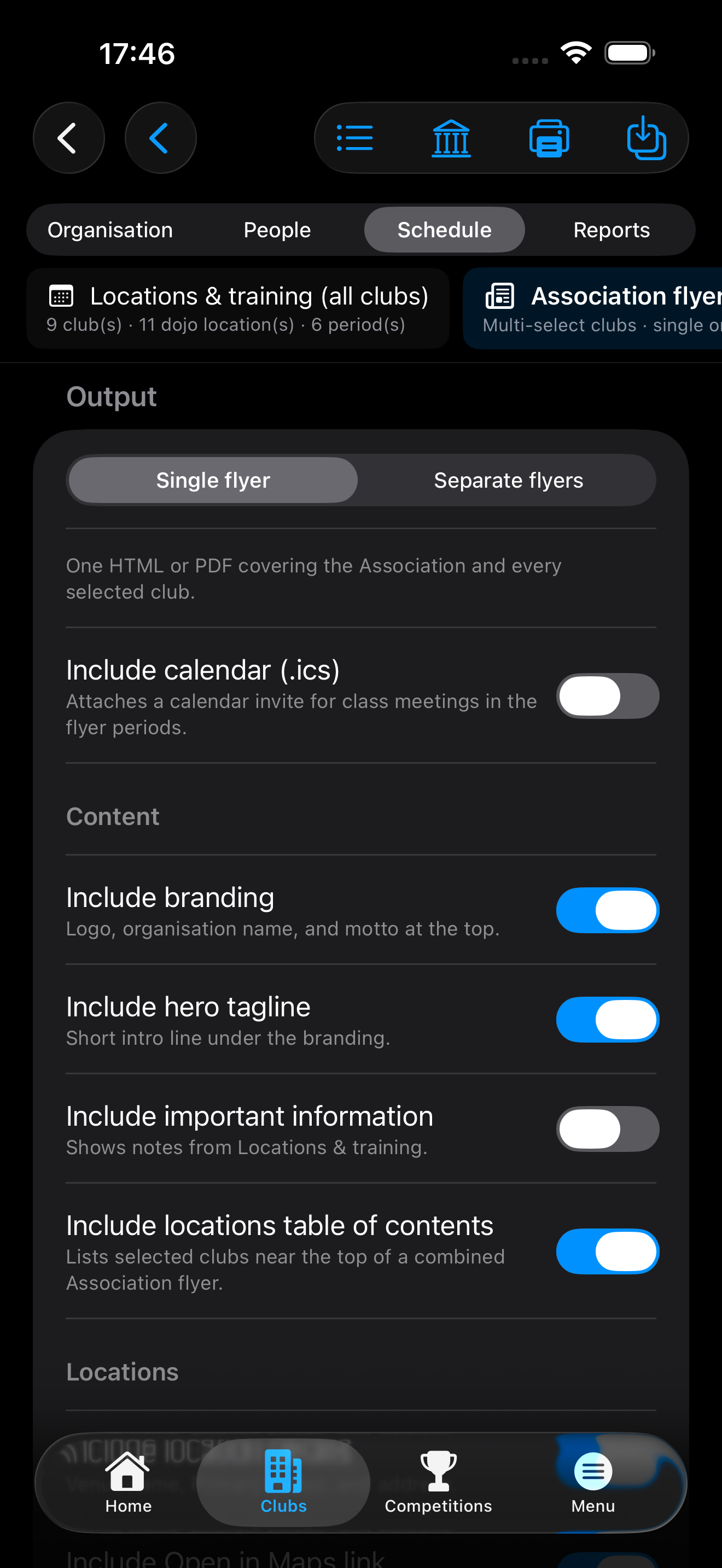 My Competitors Association flyer output options including branding, hero tagline, and location maps