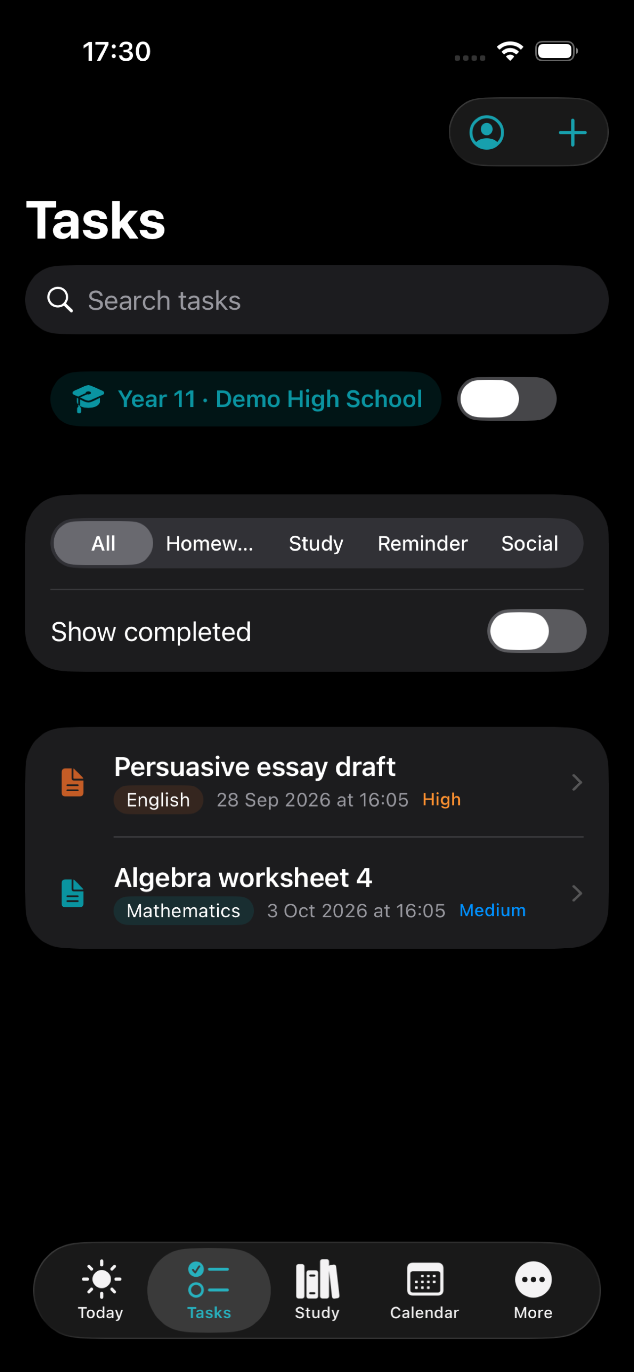 My HomeworkZ Tasks list with homework filters, due dates, and priority tags