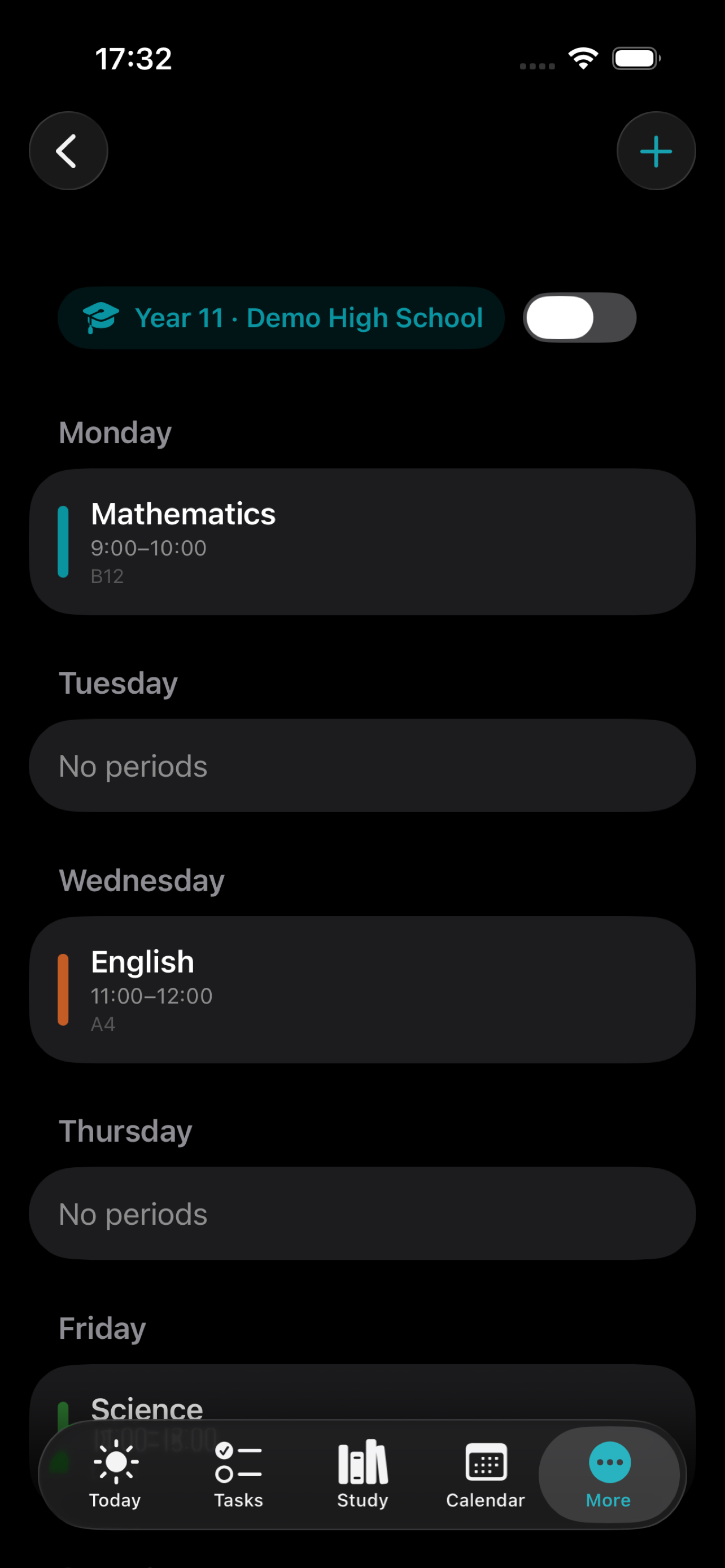 My HomeworkZ weekly timetable with subjects and period slots