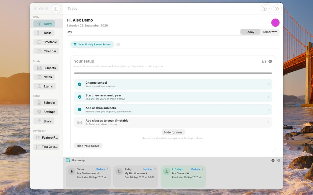 My HomeworkZ Today view on Mac with wider layout