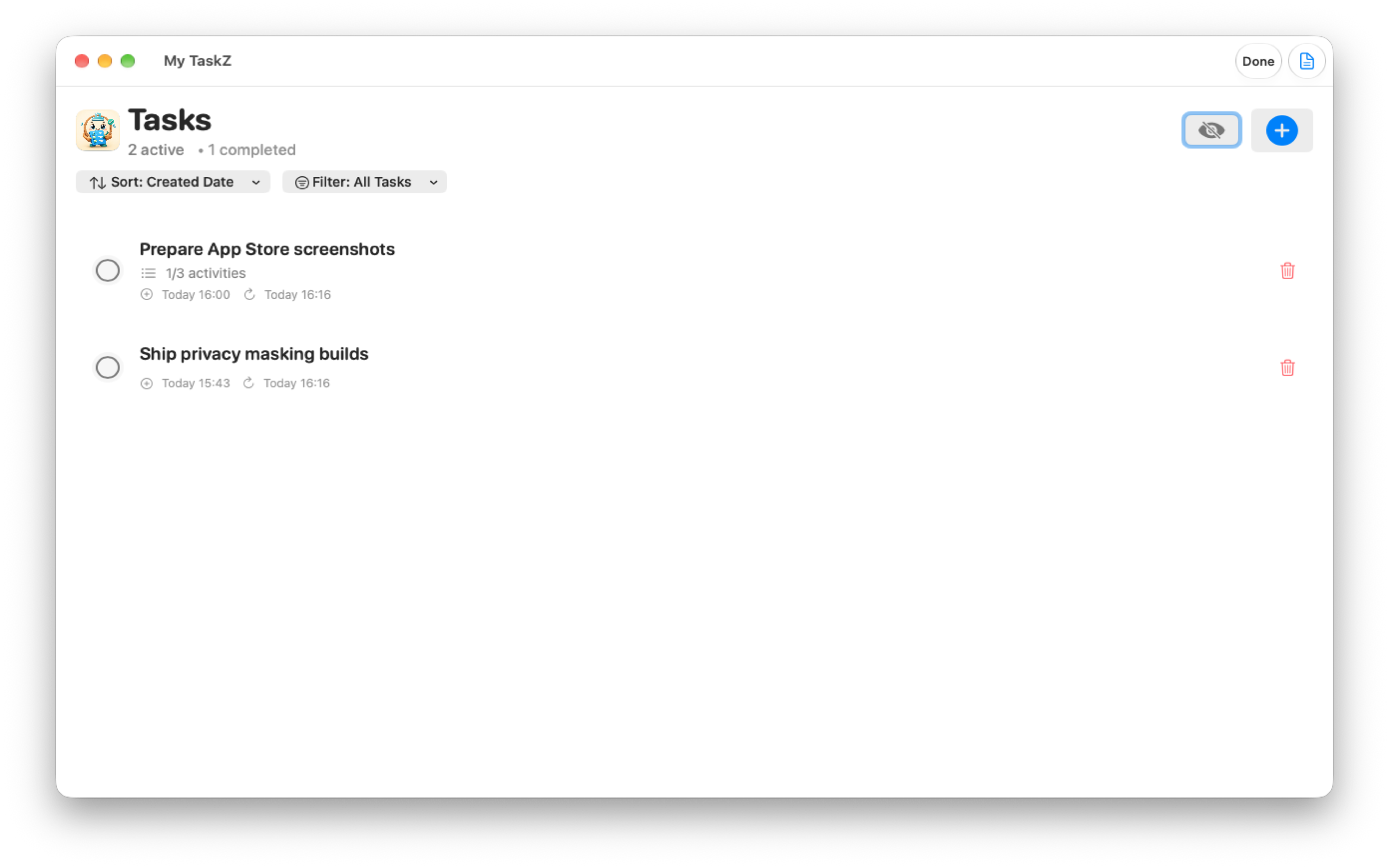 My TaskZ tasks list with active and completed counts